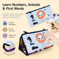Foldable cloth learning book with number and animal pages, padded fabric and black trim