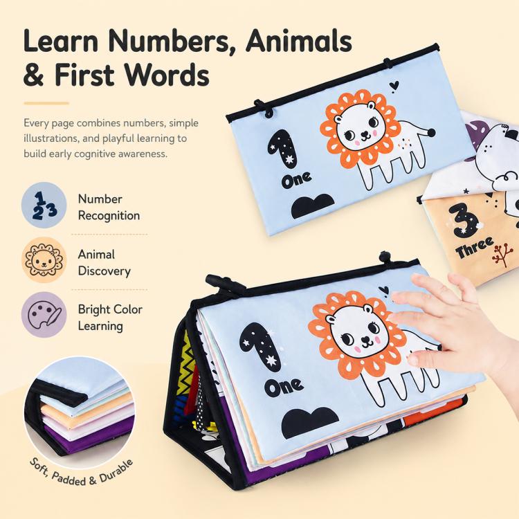 Foldable cloth learning book with number and animal pages, padded fabric and black trim