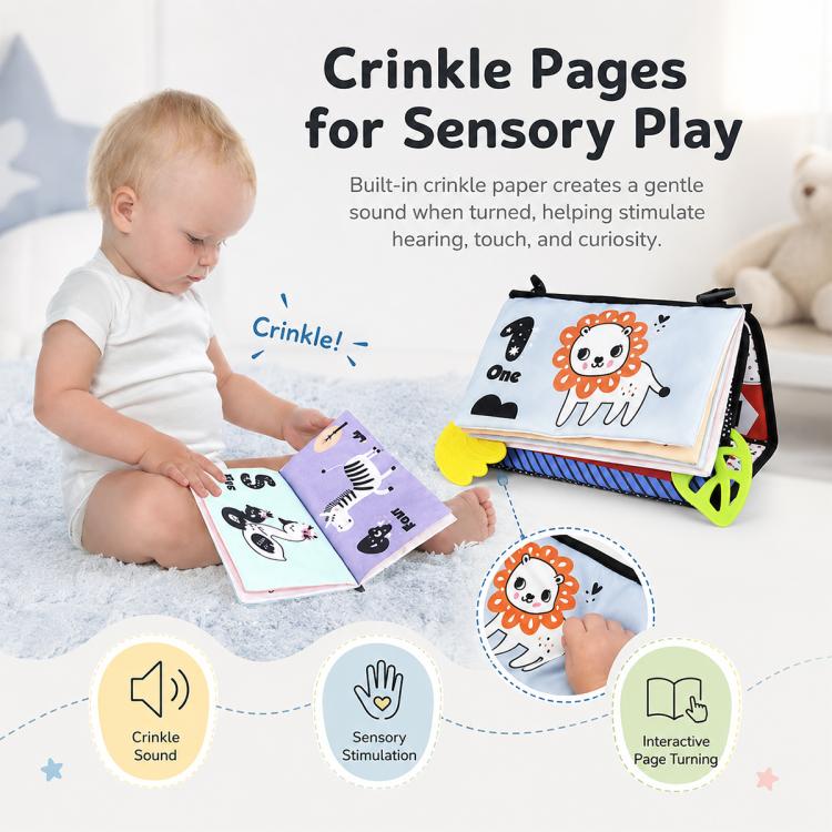 Foldable cloth learning book with crinkle sensory pages showing lion and number illustrations