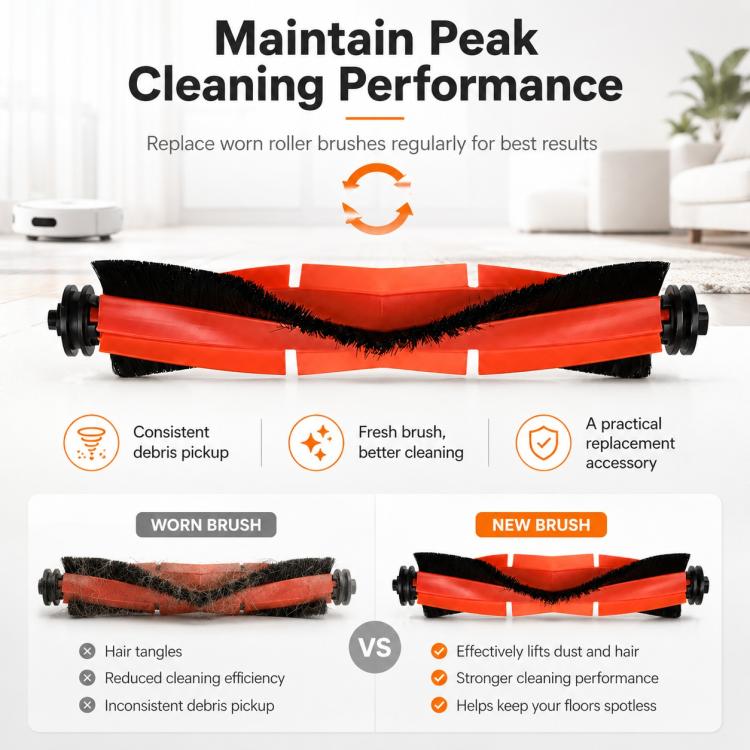 Replacement main roller brush performance comparison, orange and black bristle roller
