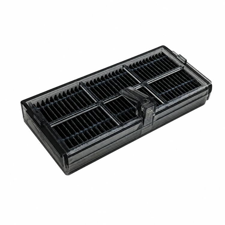 Replacement filter for robot vacuum, rectangular plastic frame with black grille