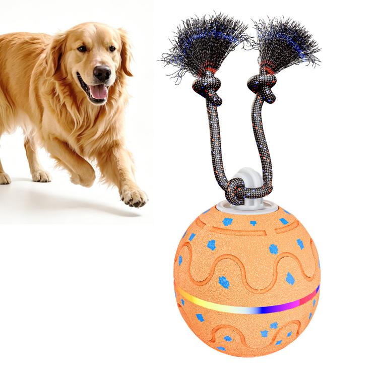 Interactive orange dog toy ball with blue pattern and two fuzzy spinning brush arms