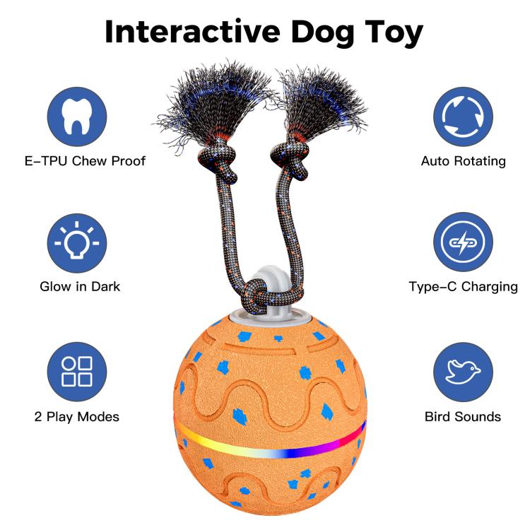 Orange self-moving dog toy ball with blue pattern, fuzzy brush arms, and charging base