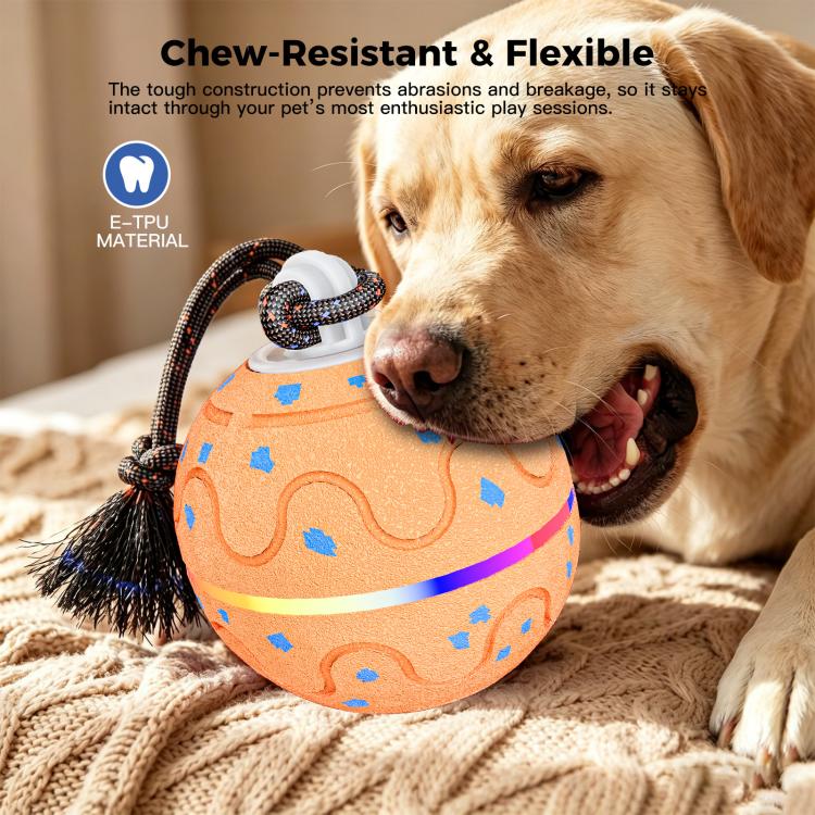 Orange patterned dog toy ball with flexible tether and two fuzzy spinning brush arms