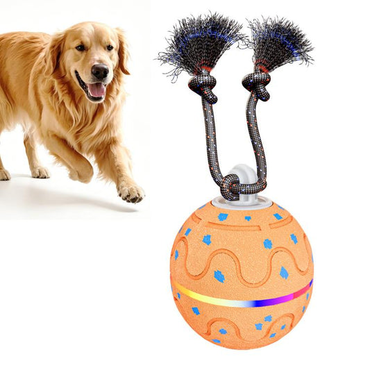Interactive orange dog toy ball with blue pattern and two fuzzy spinning brush arms