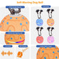 Self-moving orange dog toy ball with blue pattern, LED flashing light, and fuzzy brush arms