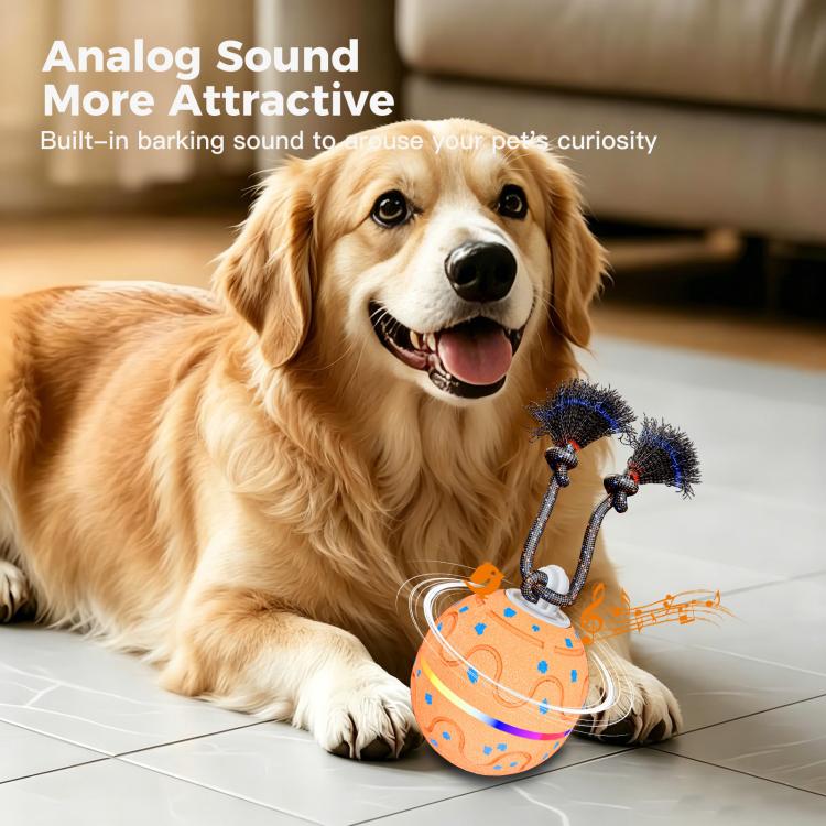 Orange sound-activated dog toy ball with glowing LED ring, blue pattern, and fuzzy arms