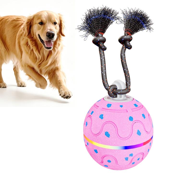 Interactive pink dog toy ball with blue pattern and two fuzzy spinning brush arms