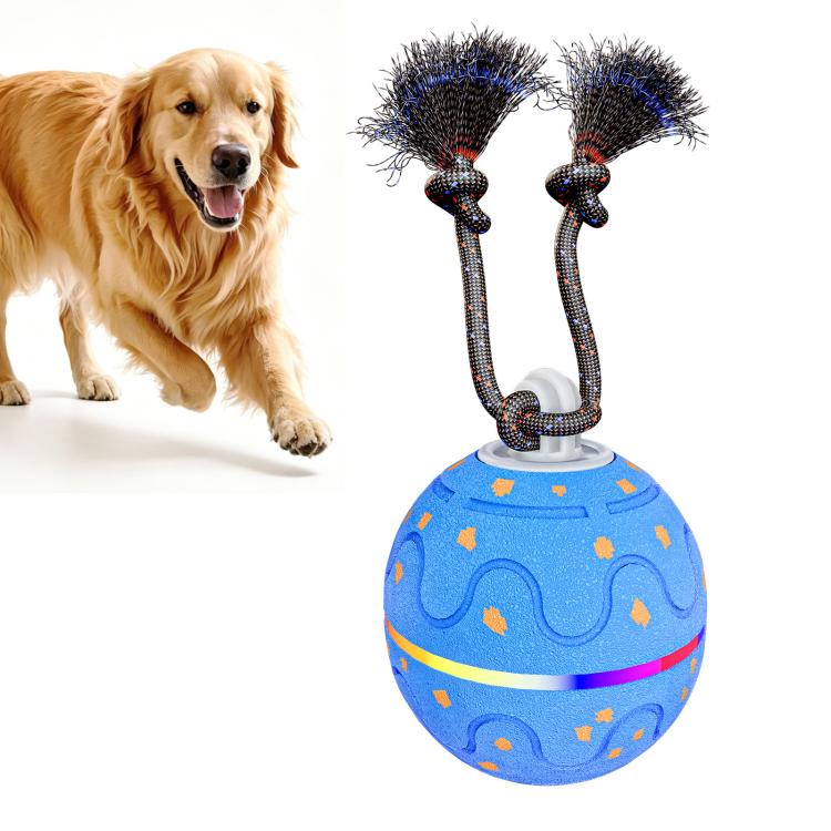 Blue automatic pet toy ball with rope tentacles and textured pattern
