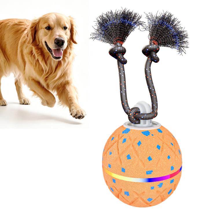 Orange automatic dog toy ball with rope loops and blue spiky brush tips