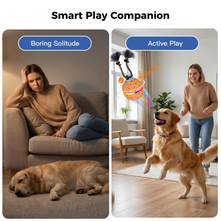 Orange smart dog play ball with rope attachment for interactive training