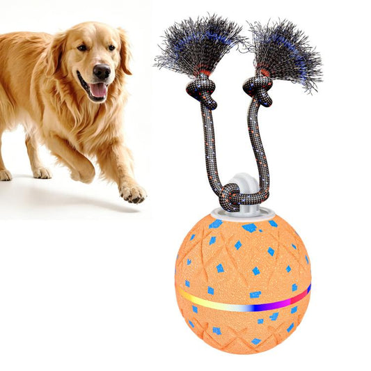 Orange automatic dog toy ball with rope loops and blue spiky brush tips