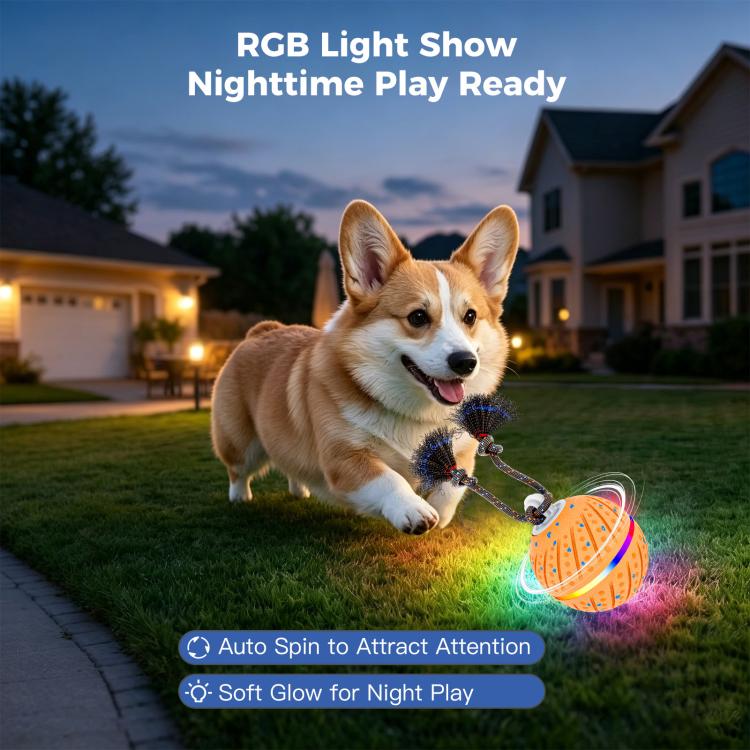 Orange LED dog toy ball with rope, bright RGB light glow for nighttime play