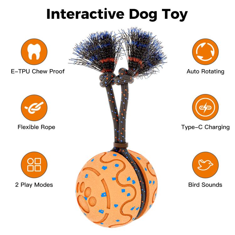 Interactive dog toy ball on braided rope with blue bristle tassels, orange patterned ball