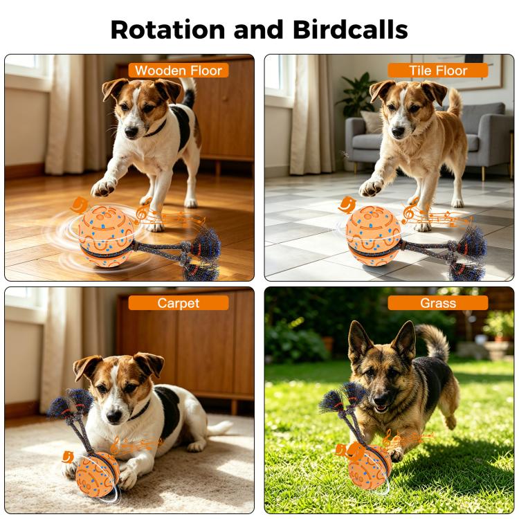 Dog training toy ball on braided rope with blue bristle tassels, orange patterned ball