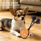 Analog sound dog toy ball on rope with blue bristle tassels, orange patterned ball
