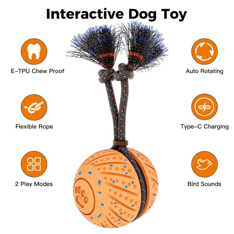 Orange interactive dog ball toy with flexible rope, spinning bristles, and sound features
