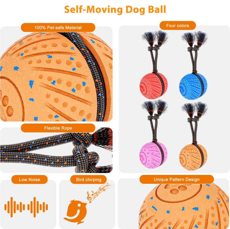 Close-up orange self-moving dog ball toy with flexible rope and blue-and-black bristles