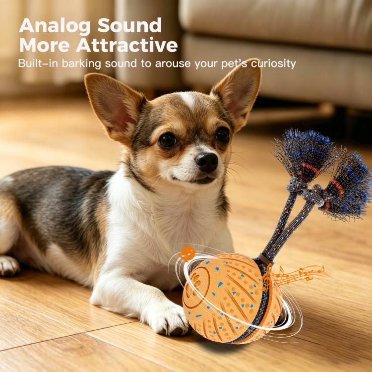 Orange self-moving dog ball toy with rope and blue-and-black bristled ends on floor