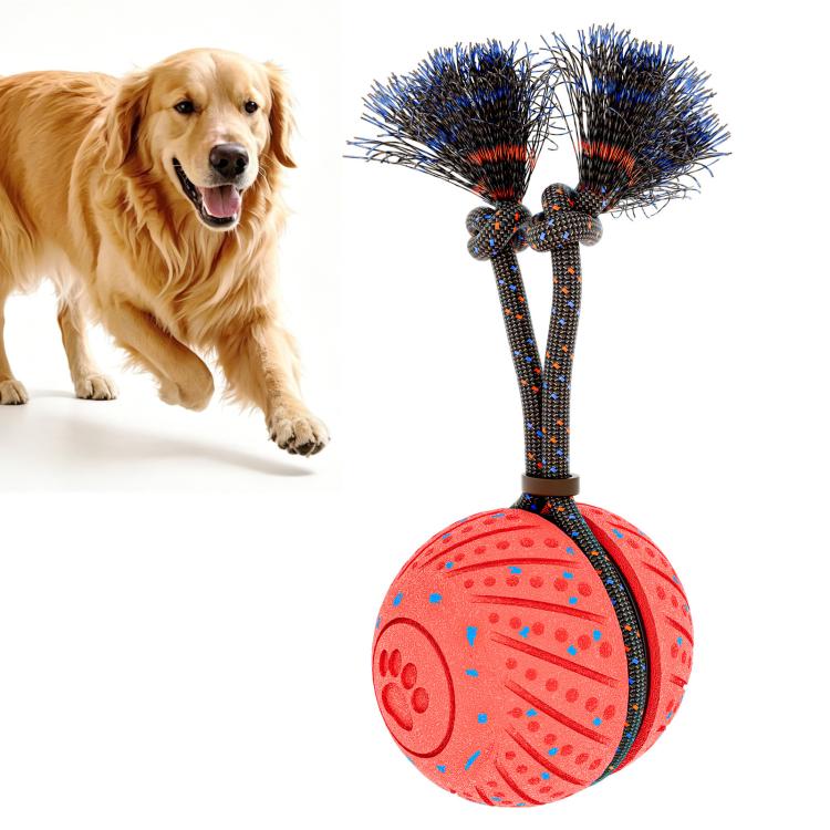 Orange self-moving dog ball toy with flexible rope and blue-and-black bristled ends