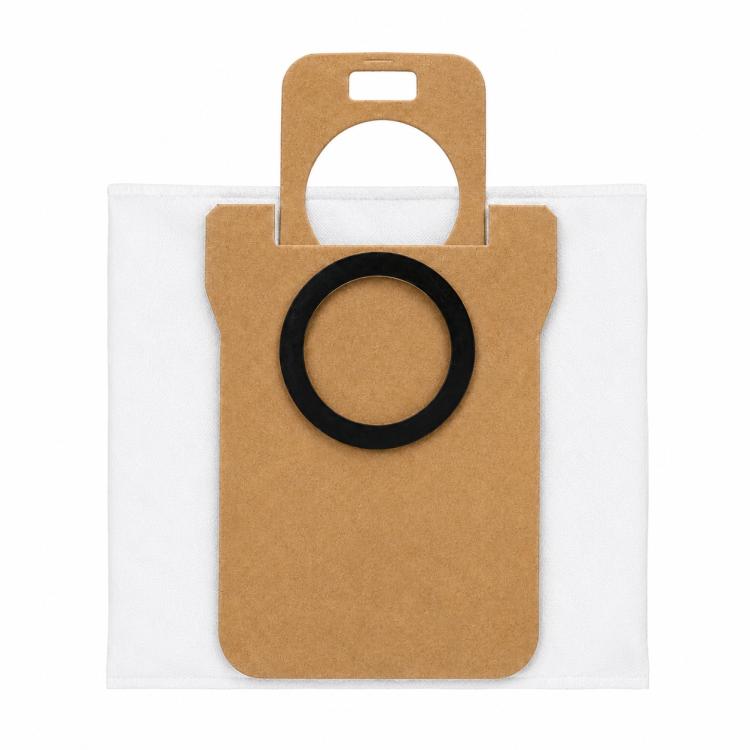 Dust bag with brown paper collar and black sealing ring, white cloth backing