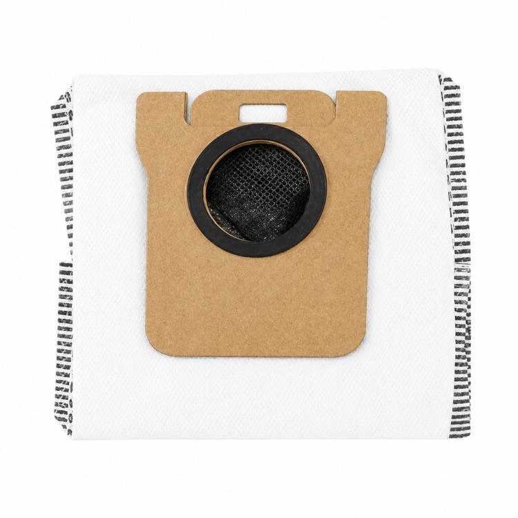 Dust bag with brown paper collar and black circular filter insert, white cloth