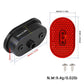 Red taillight lens and black housing with mounting screws, size diagram