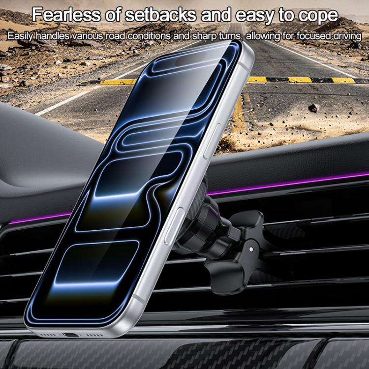 Black magnetic phone holder securing a phone to the car air vent