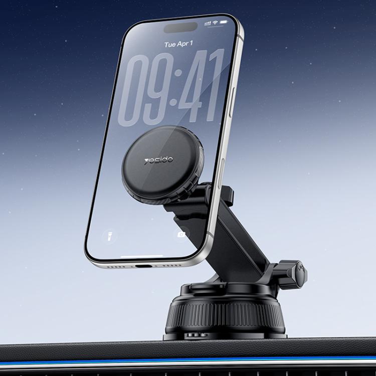 Car suction cup magnetic phone holder with circular magnetic pad and adjustable arm, black