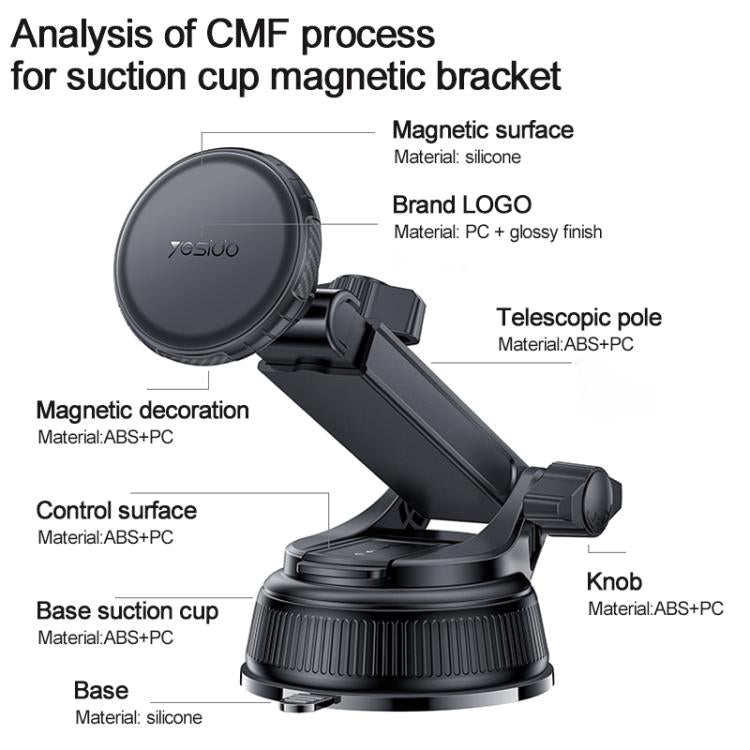 Black car magnetic phone holder components: circular magnet pad, telescopic arm, suction base, knob