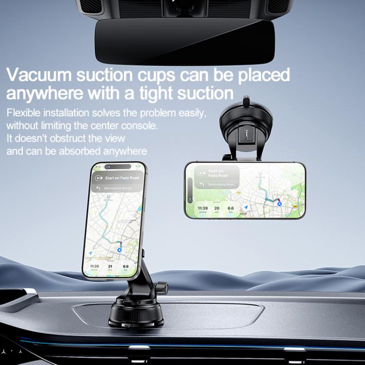 Car suction cup magnetic phone holder with flexible base, mounting on dashboard with phone attached
