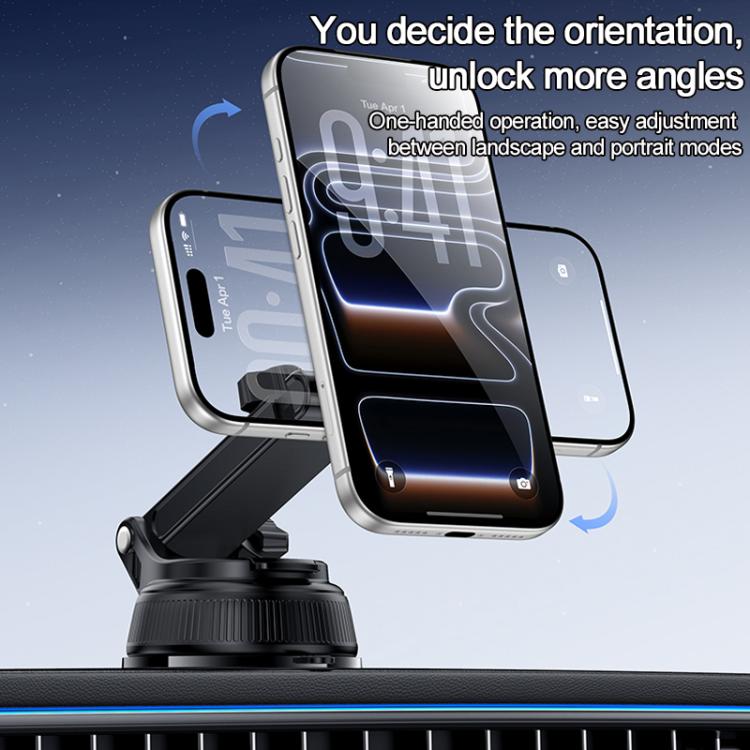 Adjustable car magnetic phone holder showing landscape and portrait phone angles, black mount