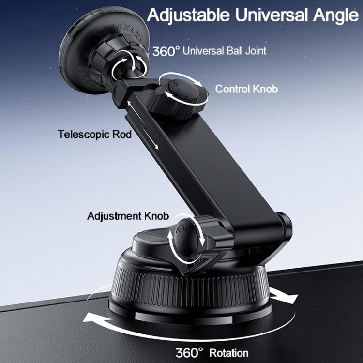 Black car phone holder with suction base, telescopic rod, and 360 universal ball joint adjustment