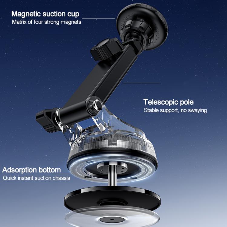 Car suction cup magnetic phone holder underside with telescopic pole, black base and suction cap