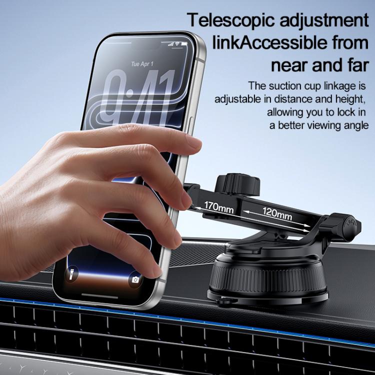 Hand adjusting telescopic arm on a black car suction cup magnetic phone holder with phone attached
