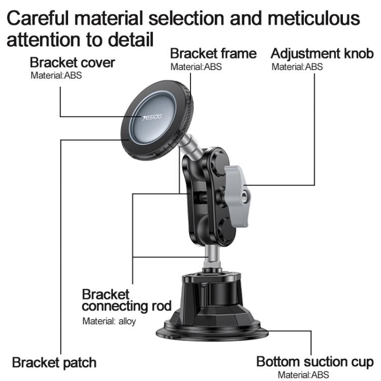 Yesido car mount parts diagram: suction cup base, rod, bracket frame, knob