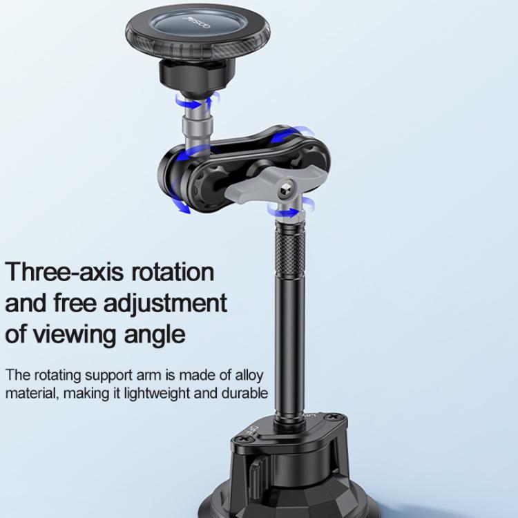 Three-axis rotating car phone mount with suction base and long metal pole