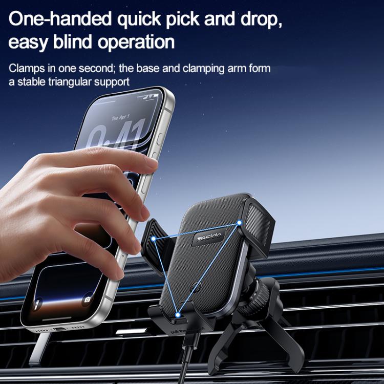 Car air-vent wireless charging phone holder with one-hand clamp base and arms