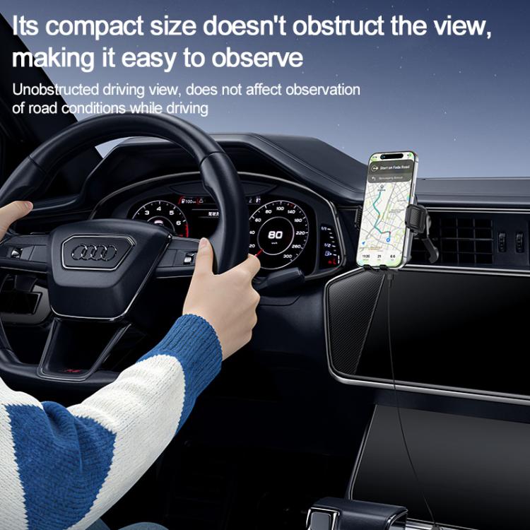 Compact black wireless charging phone holder clipped to car air vents