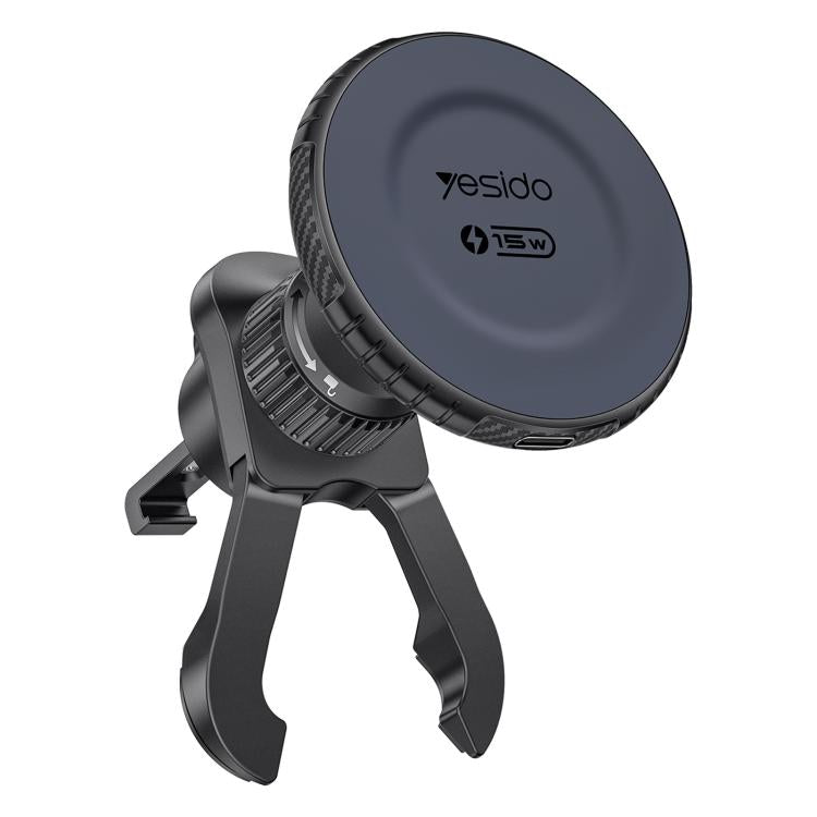 Magnetic 15W wireless car phone holder with circular charging pad and vent clamp