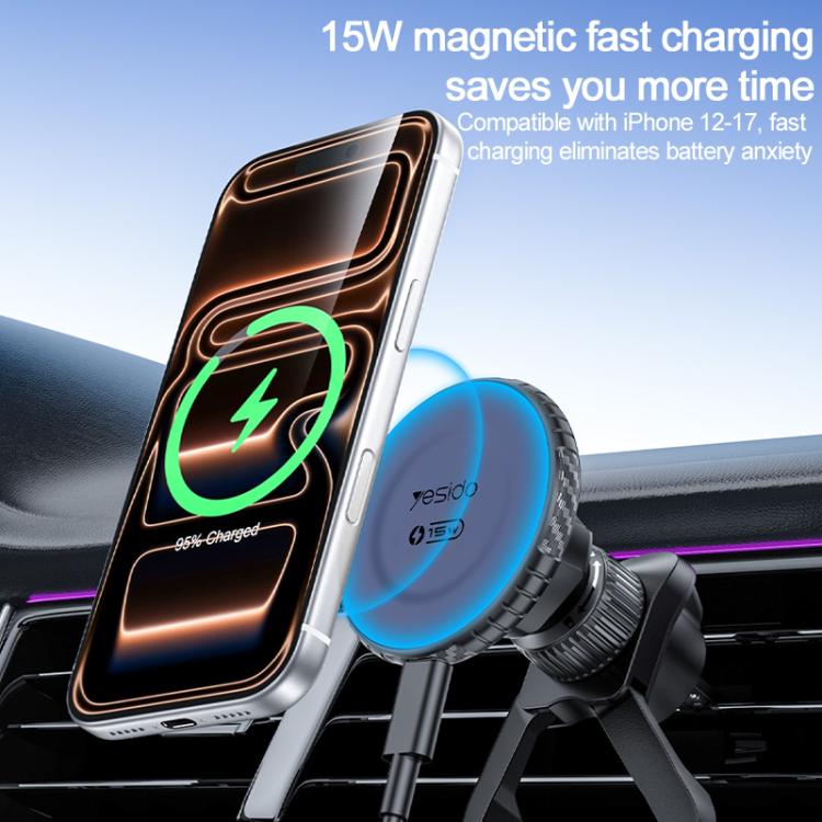 Magnetic 15W wireless car phone holder with phone charging on air vent, blue charging pad
