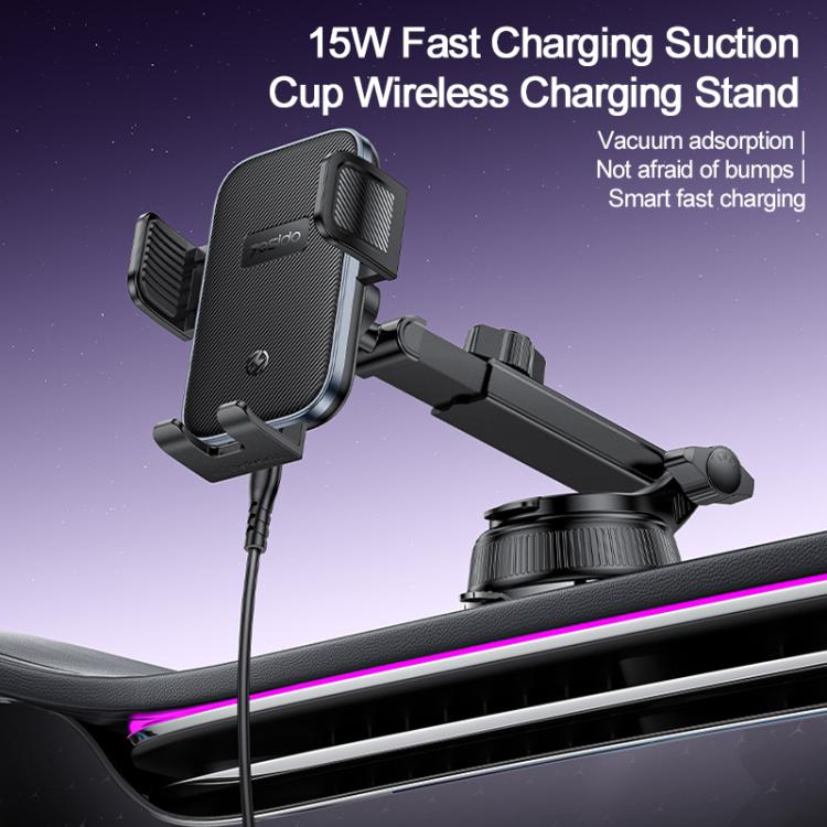 15W wireless charging suction cup car phone stand with clamp arms, black