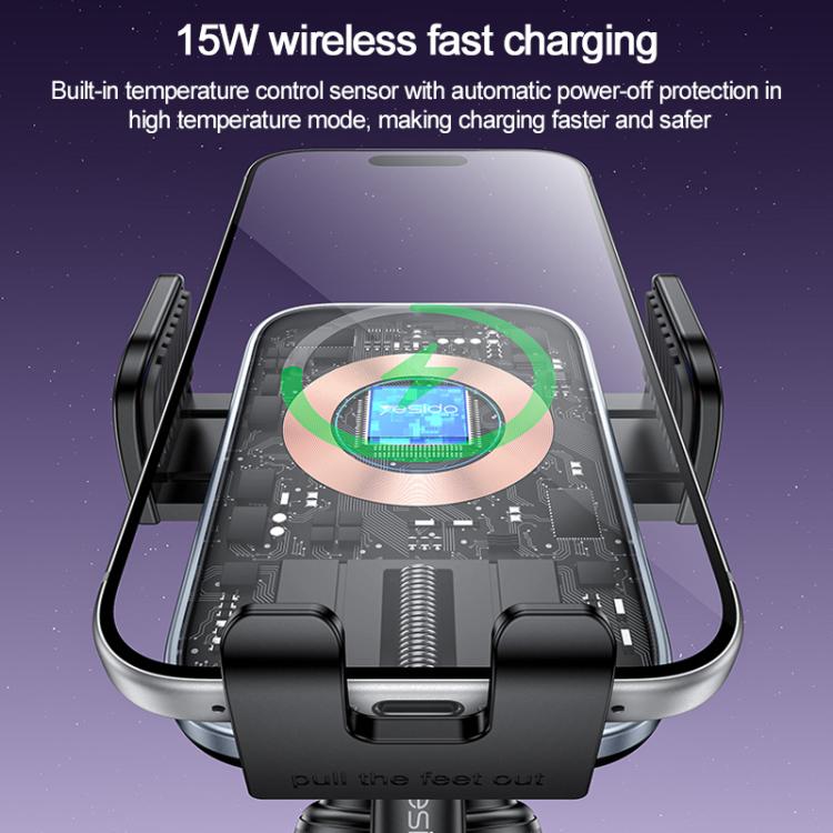 Car wireless charger mount with visible charging electronics, black