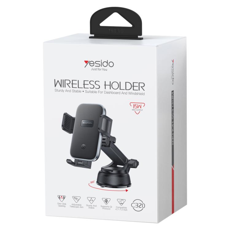 Yesido C320 wireless car suction cup phone holder in retail box, black/gray