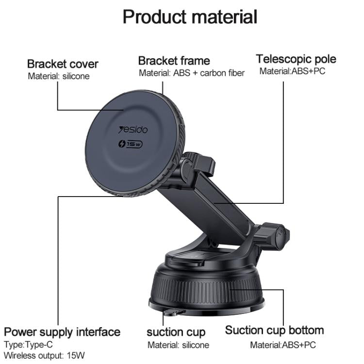 15W magnetic wireless phone holder with suction cup and telescopic support parts