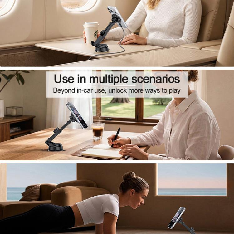 Magnetic wireless phone holder for home and car, with suction-cup stand and arm