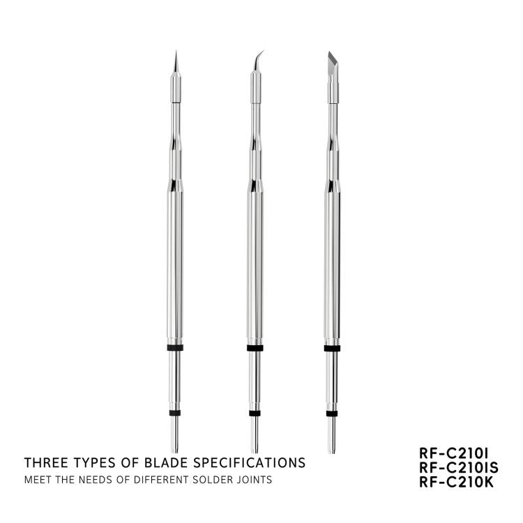Three soldering iron blade tips, slim silver nozzles with dark rings