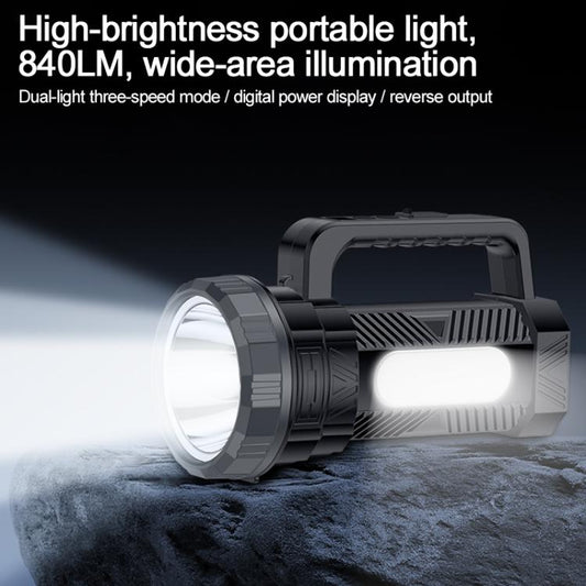 Portable dual-lamp flashlight with front lens shining bright beam toward the ground