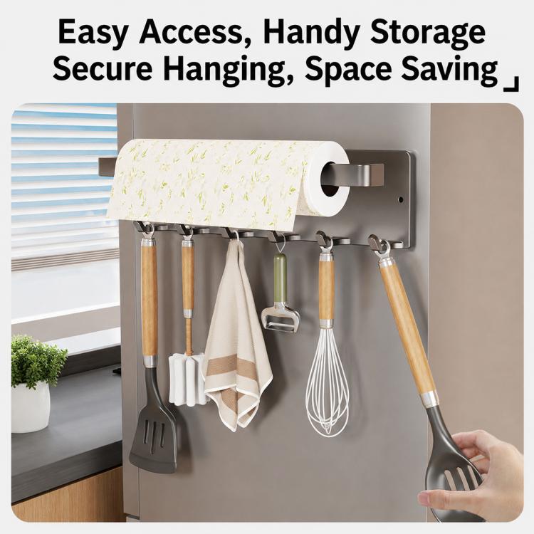 No-drill Magnetic Kitchen Paper Towel Storage Rack Holder with Hook