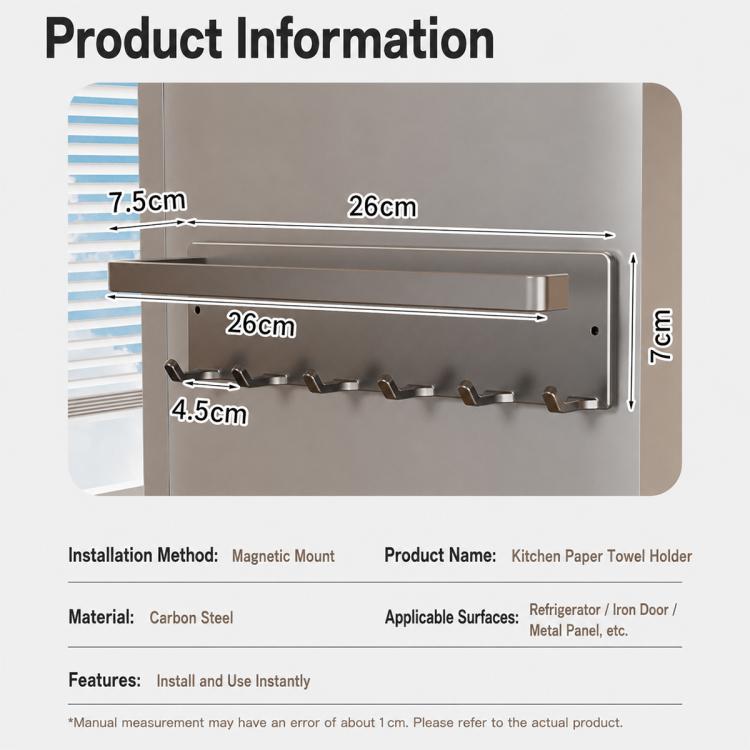 No-drill Magnetic Kitchen Paper Towel Storage Rack Holder with Hook